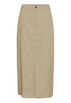 Gonna midi beige realizzata in tessuto testurizzato, con uno spacco frontale, chiusura a un bottone e vita aderente. Design semplice ed elegante.