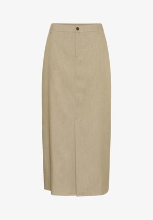 Jupe midi beige en tissu texturé, avec une fente à l'avant, une fermeture à un bouton et une taille ajustée. Design simple et élégant.