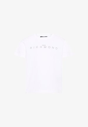 Wit T-shirt met korte mouwen met de tekst "JOHN RICHMOND" in kleine zwarte letters over de borst.