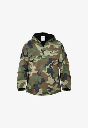Tarnjacke mit Kapuze, aus leichtem Stoff gefertigt. Verfügt über einen halben Reißverschluss an der Vorderseite, elastische Bündchen und eine Vordertasche. In den Farben Grün, Braun und Schwarz.
