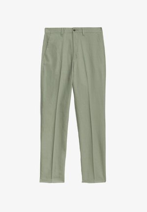 Lichtgroene broek van een gladde stof. Heeft een rechte pijpdesign, voorzakken en een standaard knoop- en ritssluiting.