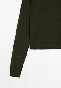Maglione a maniche lunghe lavorato a maglia di colore verde scuro, con polsini e orlo a coste, su sfondo bianco.