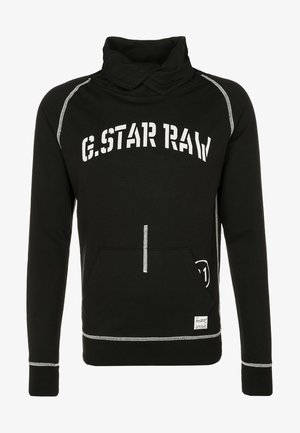 Mustapipoinen huppari, jossa on korkea kaulus, valkoinen "G.STAR RAW" printti, etutasku ja erottuvat valkoiset ompeluyksityiskohdat.