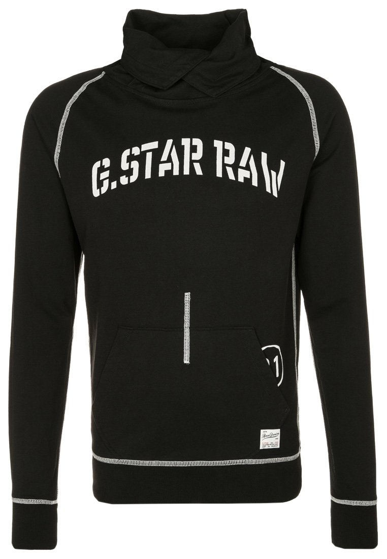 Sudadera con capucha negra y cuello alto, impresión blanca "G.STAR RAW", bolsillo frontal y detalles de costura blanca en contraste.
