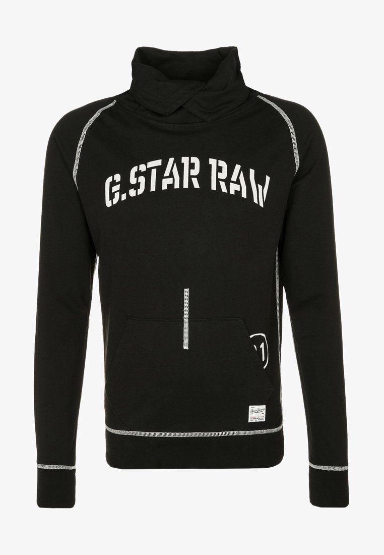 Sudadera con capucha negra y cuello alto, impresión blanca "G.STAR RAW", bolsillo frontal y detalles de costura blanca en contraste.