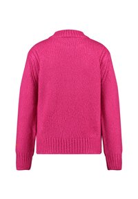 Fuchsia gestrickter Pullover mit geripptem Kragen und Bündchen, aus einem strukturierten, gemütlichen Stoff und in lockerer Passform. Keine sichtbaren Designmuster.