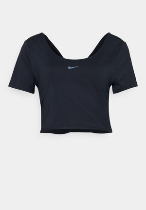 Čierne skrátené tričko s hladkej látky, s krátkymi rukávmi a širokým výstrihom. Logo Nike v modrej farbe umiestnené na hrudi.