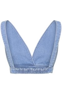 Lett blå denim bralette med dyp V-hals, brede stropper og volang elastisk bånd nederst for en komfortabel passform.