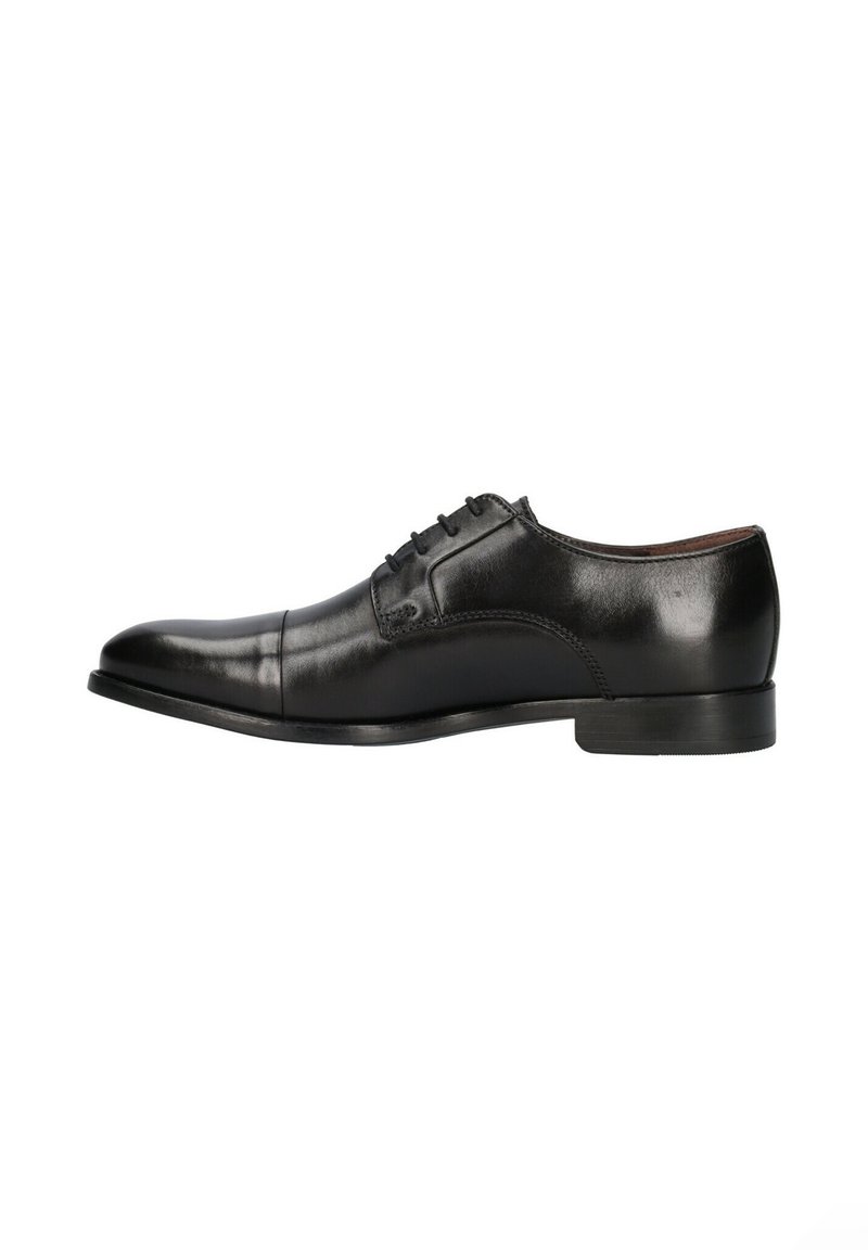 Scarpe eleganti in pelle nera con una finitura liscia, design con punta a cappuccio e allacciatura a cinque occhielli. Presentano un tacco basso impilato e una silhouette affusolata.