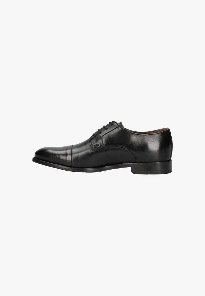 Scarpe eleganti in pelle nera con una finitura liscia, design con punta a cappuccio e allacciatura a cinque occhielli. Presentano un tacco basso impilato e una silhouette affusolata.