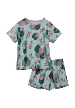 Børn kortærmet skjorte og shorts sæt med grønne liljeblade, lyserøde lotusblomster og orange koi-fisk på en lyseblå baggrund.