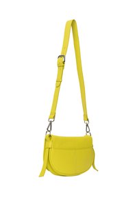 Gelbe Leder-Crossbody-Tasche mit geschwungener Form, verstellbarem Schulterriemen, silberfarbener Hardware und einer Fronttasche. Strukturiert Oberfläche.
