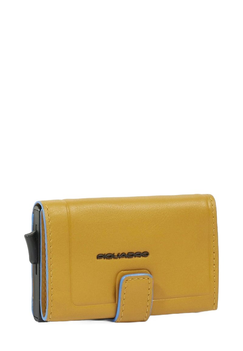 Yellow leather wallet with blue accents, featuring a magnetic closure and embossed branding on the front. Smooth texture, rectangular shape.