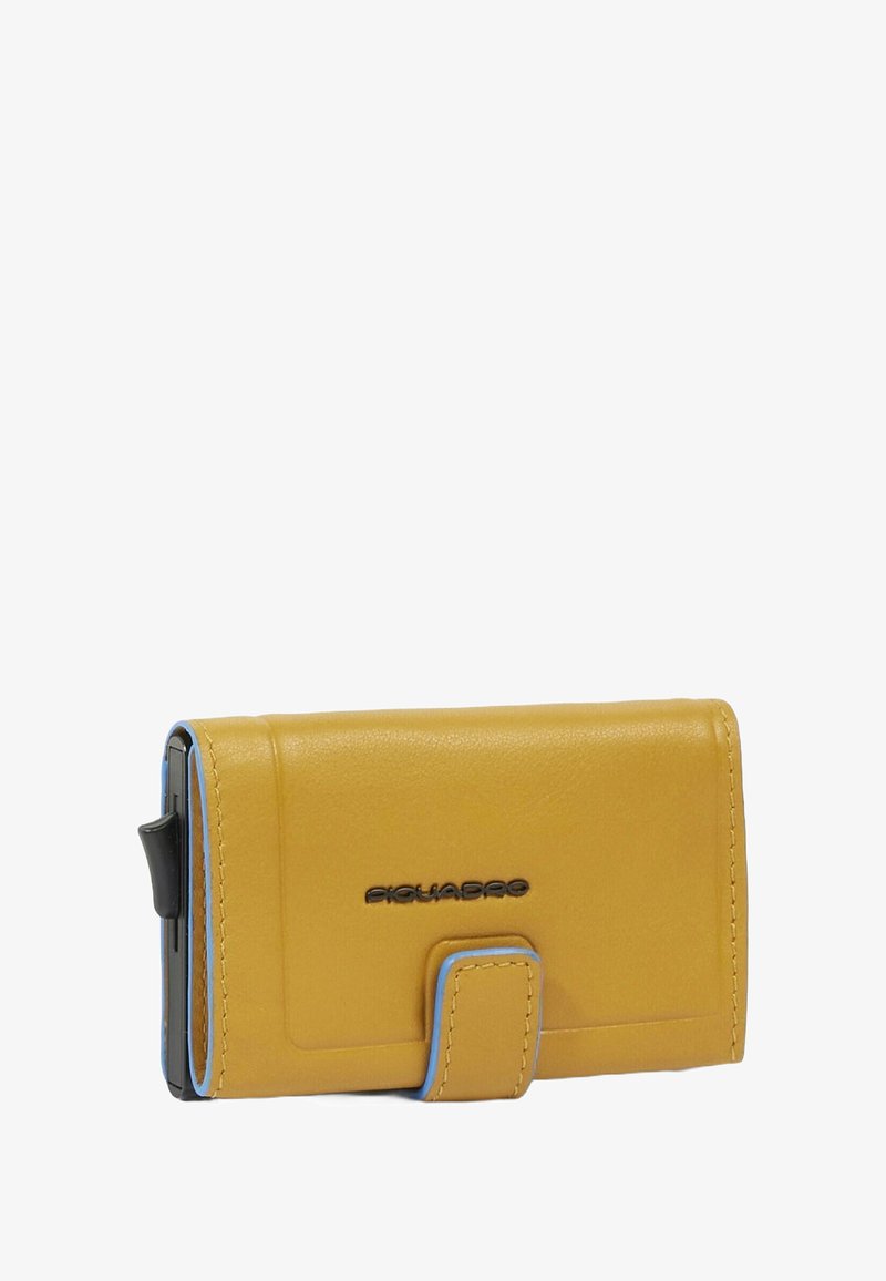 Yellow leather wallet with blue accents, featuring a magnetic closure and embossed branding on the front. Smooth texture, rectangular shape.