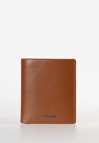 Brown leather wallet with a smooth texture and minimalistic design. Features stitching on the edges and a small logo tag at the bottom.