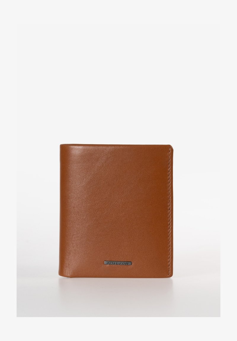 Brown leather wallet with a smooth texture and minimalistic design. Features stitching on the edges and a small logo tag at the bottom.