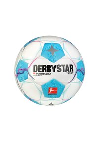 Witte voetbal met blauwe accenten en hexagonale panelen. Bevat het "DERBYSTAR" logo en Bundesliga branding, ontworpen voor duurzaamheid en prestaties.