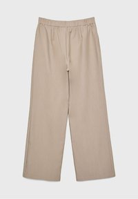 Pantalons beige à jambe large en tissu léger. Dotés d'une taille élastique et de plis sur le devant. Texture lisse avec un design décontracté.