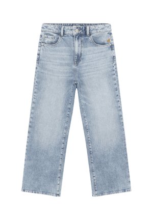 Jean en denim bleu clair avec une taille haute, des jambes droites et larges, une fermeture à boutons à l'avant, et un style à cinq poches sur fond blanc.