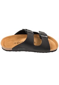 Sandali neri con due fibbie regolabili. Sottopiede in sughero e insole texturizzata color beige. Suola in gomma per una buona aderenza. Materiale superiore in sintetico liscio.