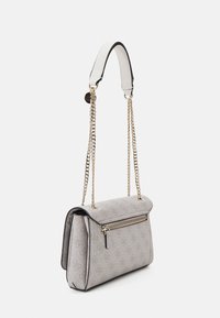 Gray fabric shoulder bag with gold chain straps, zippered pocket, and patterned exterior. Features a flap closure and leather trim accents.