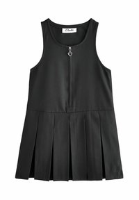Zwart mouwloos jurkje met een ritssluiting aan de voorkant en een hartvormige trekker. Beschikt over een geplooide rok en Clarks-branding op de zoom. Glad stofoppervlak.