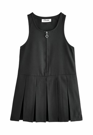 Črna brezrokavna obleka z zadrgo spredaj in pullom v obliki srca, ki ima zasnovo plisirane krila. Narejena iz gladkega materiala.