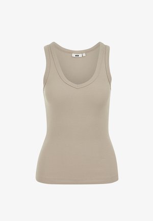 Béžový žebrovaný tílko bez rukávů s výstřihem do oblouku, přiléhavým střihem a viditelnou velikostní štítkem uvnitř límce.