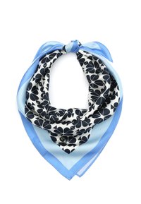 Silk scarf featuring a floral black-and-white pattern, bordered with light blue edges and tied at the top. Smooth texture and square shape.