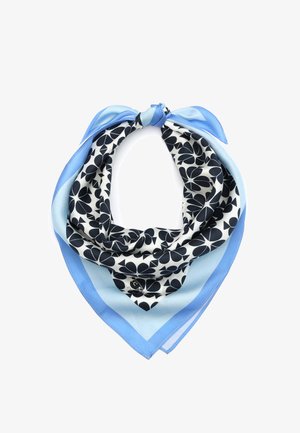 Silk scarf featuring a floral black-and-white pattern, bordered with light blue edges and tied at the top. Smooth texture and square shape.