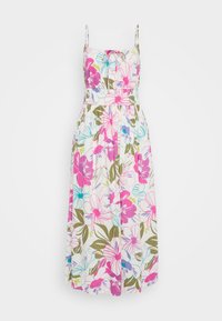 Florales Maxikleid mit dünnen Trägern, mit leuchtend pinken, blauen und grünen Blumen auf weißem Hintergrund, geraffter Taille und luftiger Stoff.