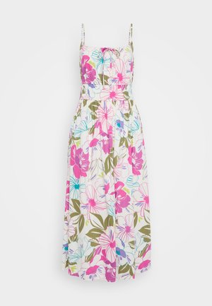 Floral maxi dress with thin straps, featuring bright pink, blue, and green flowers on a white background, gathered waist, and flowy fabric.