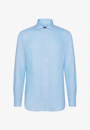 Jasnoniebieska koszula z długim rękawem, wykonana z teksturowanej tkaniny, z klasycznym kołnierzykiem i zapięciem na guziki z białymi guzikami.