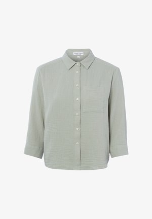 Light gray textured long-sleeve button-up shirt with a front chest pocket and a classic collar.