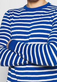 Modrý a bílý pruhovaný svetr z měkkého pleteného materiálu s kulatým výstřihem a dlouhými rukávy, s rovnoměrnými vodorovnými pruhy.