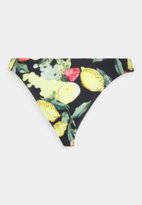 Parte de baixo de biquíni floral com fundo preto, apresentando estampas de limão, uva e morango. Feita de tecido elástico com uma textura suave.