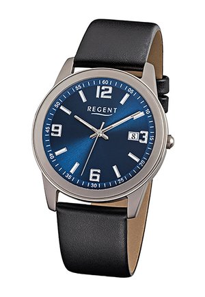 Montre pour homme avec cadran bleu, boîtier argenté, bracelet en cuir noir, index argentés et affichage de la date à 3 heures.