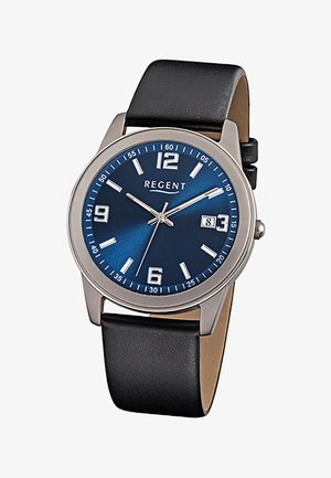 Montre pour homme avec cadran bleu, boîtier argenté, bracelet en cuir noir, index argentés et affichage de la date à 3 heures.
