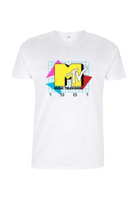 White cotton T-shirt featuring a retro MTV logo in yellow, blue, and pink against a grid background with “MUSIC TELEVISION 1981” below.