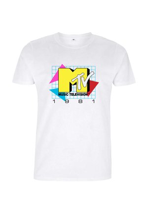 Witte katoenen T-shirt met een retro MTV-logo in geel, blauw en roze op een rasterachtergrond met daaronder "MUSIC TELEVISION 1981".