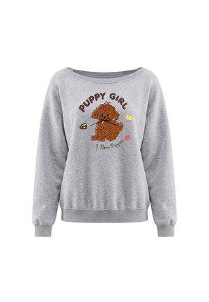 Lysegrå sweatshirt med en brun tegneserie-hvalp, ordene "Puppy Girl" over og "I Love Puppies" under billedet foran.
