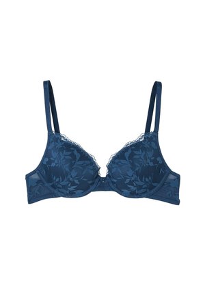 Reggiseno in pizzo blu navy con motivo floreale, supporto con stecche, bordi ondulati, spalline regolabili in satin e chiusura con gancio e occhiello.