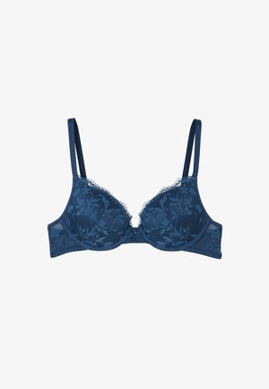 Reggiseno in pizzo blu navy con motivo floreale, supporto con stecche, bordi ondulati, spalline regolabili in satin e chiusura con gancio e occhiello.