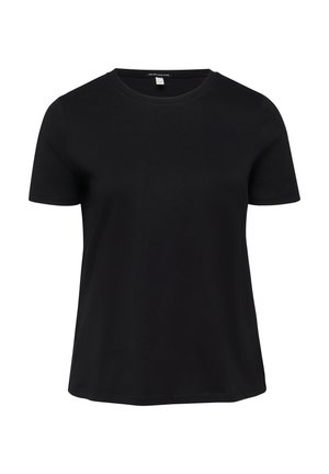 Zwart t-shirt met korte mouwen, ronde hals, een losse pasvorm en een effen ontwerp, weergegeven op een witte achtergrond.