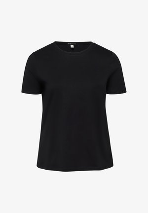 Zwart t-shirt met korte mouwen, ronde hals, een losse pasvorm en een effen ontwerp, weergegeven op een witte achtergrond.