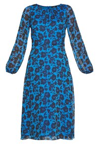 Blå midi-klänning med svart blommönster, långa genomskinliga ärmar, rund halsringning och rynkad detalj vid bröstet.