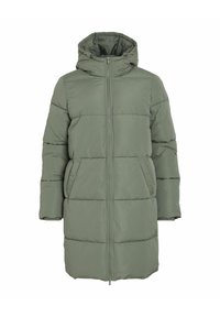 Abrigo acolchado largo verde con capucha, que cuenta con cierre de cremallera, dos bolsillos frontales y textura acolchada para aislamiento.