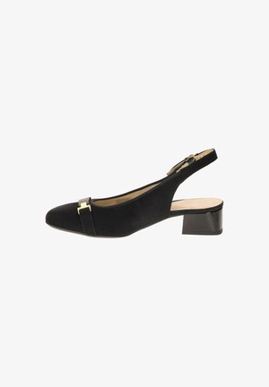Zwarte suède slingback-schoen met lage blokhak, afgeronde neus en goudkleurige gespdetail op de voorste band.