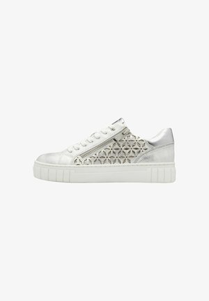 Metallic silver sneaker featuring a textured mesh exterior and a white rubber sole, with lace-up front and side zipper detail.