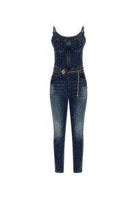 Combinaison en denim bleu foncé avec un bustier ajusté, de fines bretelles, des poches avant et une ceinture chaîne avec boucle circulaire à la taille.